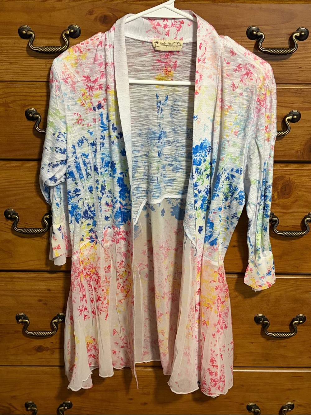Impulse California Open-Front Floral Cardigan with Blue, Pink & Yellow Print